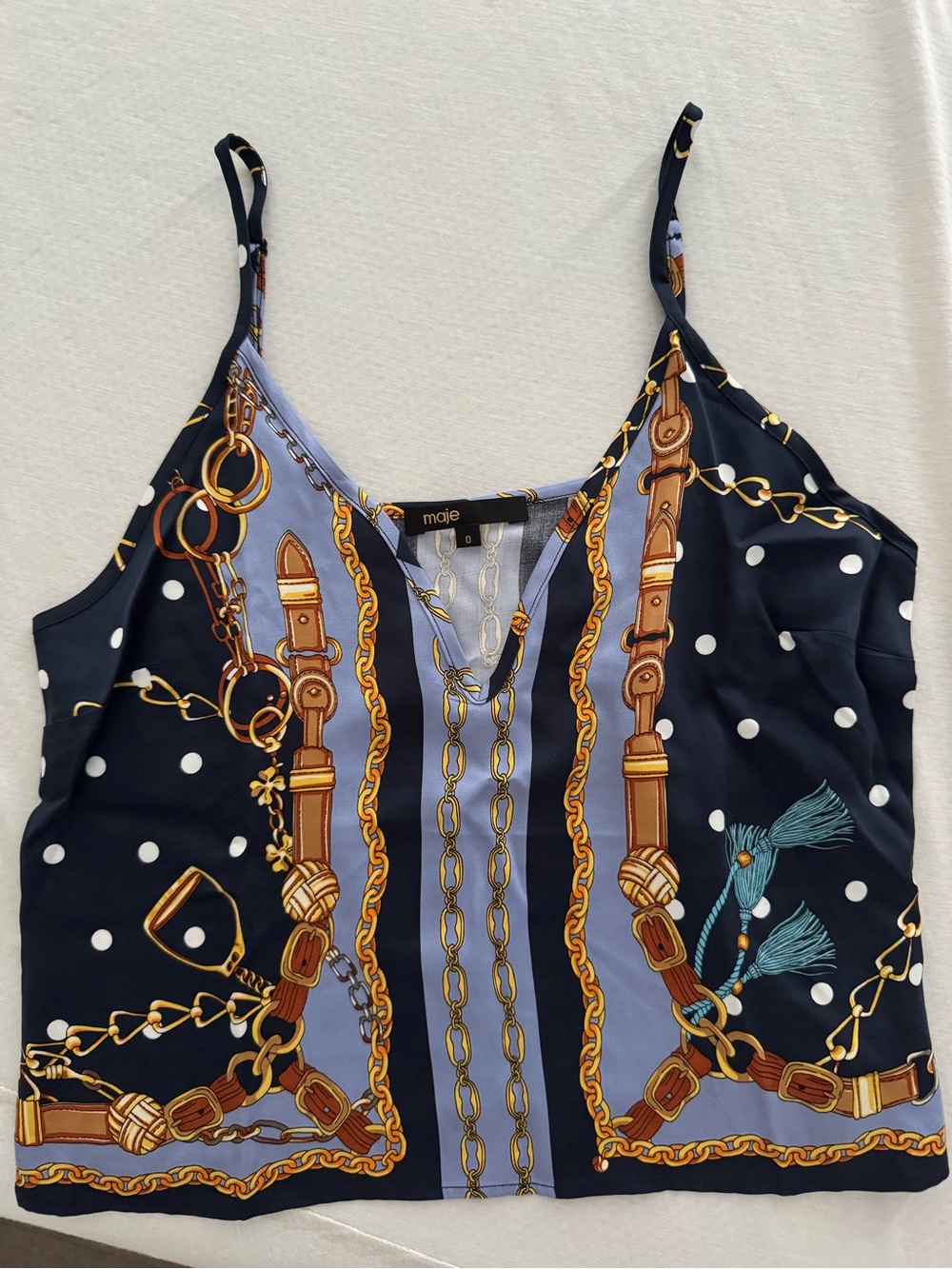 Maje Navy & Light Blue Chain-Print Silk Cami - Picture 1 of 3